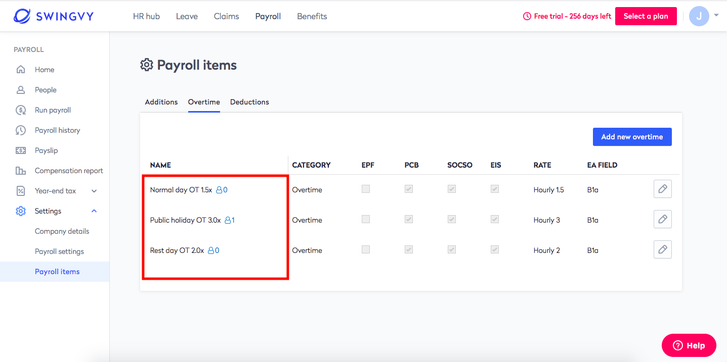 Payroll items overtime